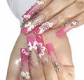 Pink 3D Floral Coffin Press-On Nails with Ribbons – 24-Piece Long French Tips