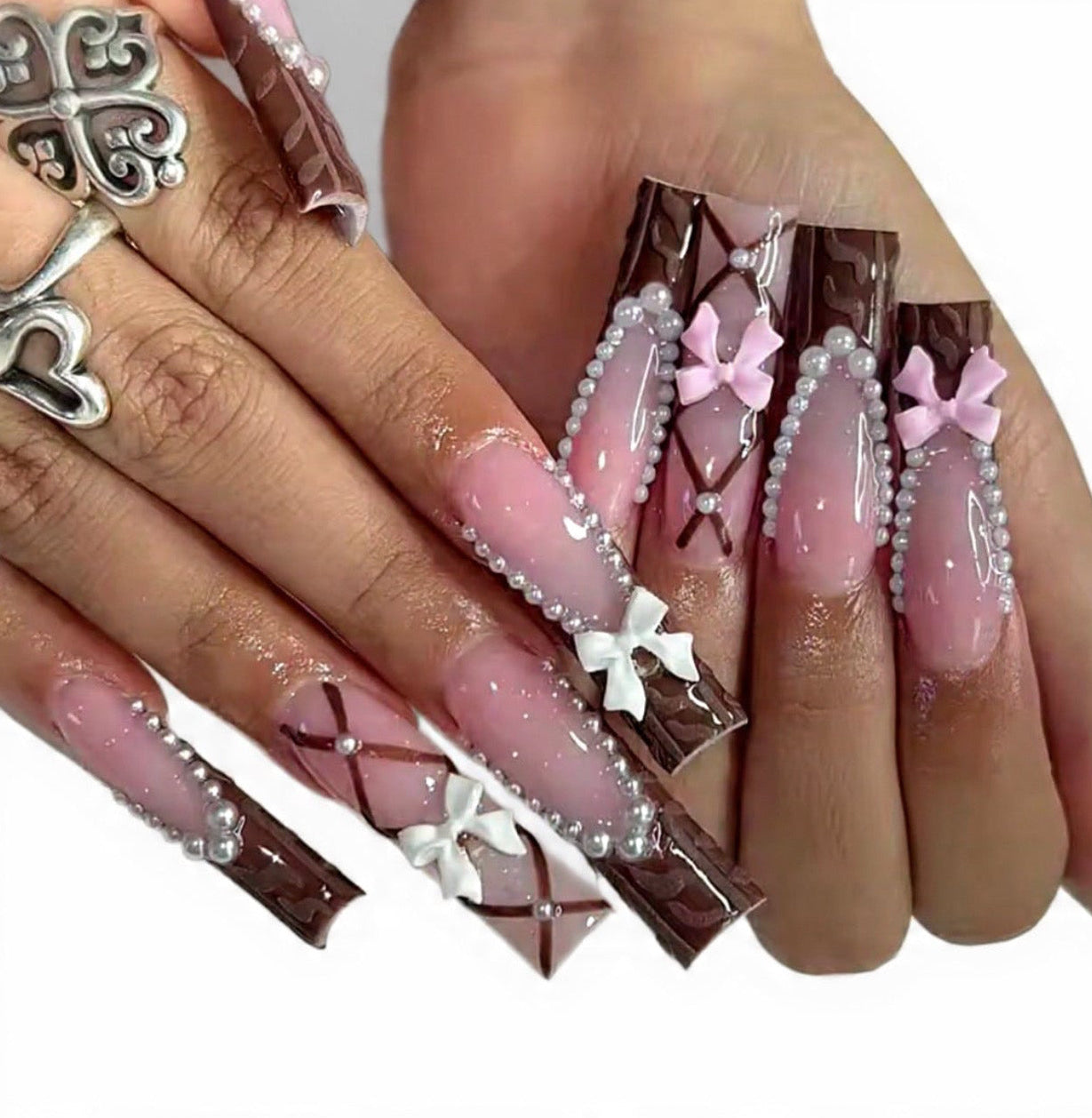 24Pcs Pink & Brown Glitter Bow Press-On Nails – Long Square Y2K Gel Fake Nails with 3D Charms