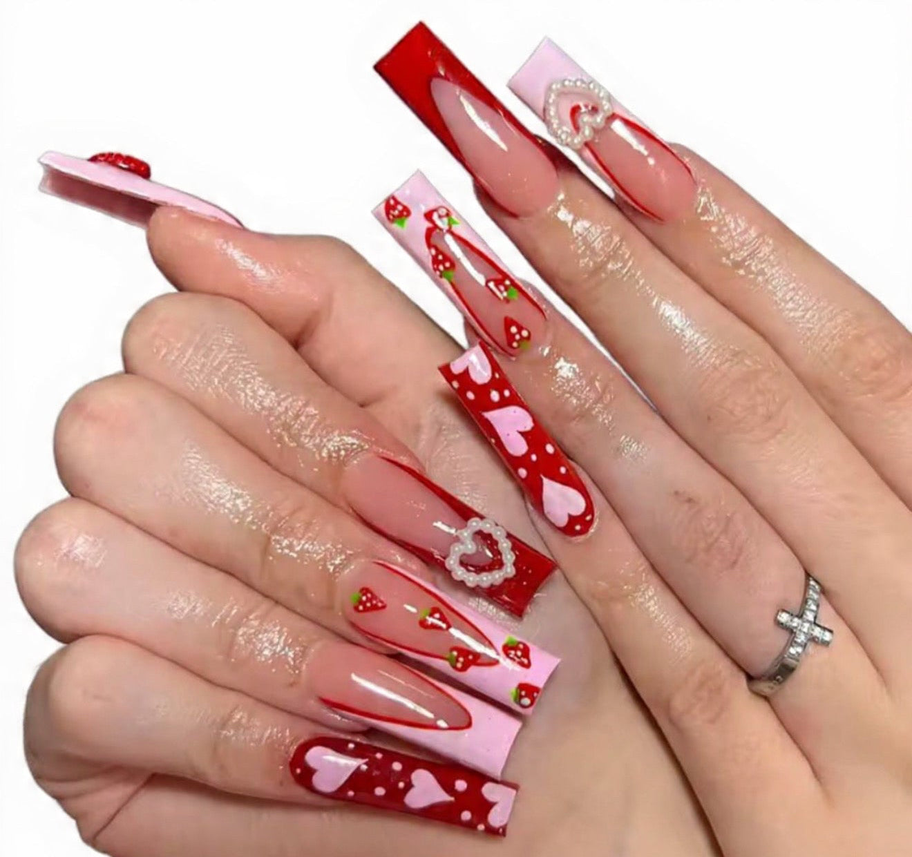 Red Glitter Heart Y2K Long Square Press-On Nails – 24 Piece Set