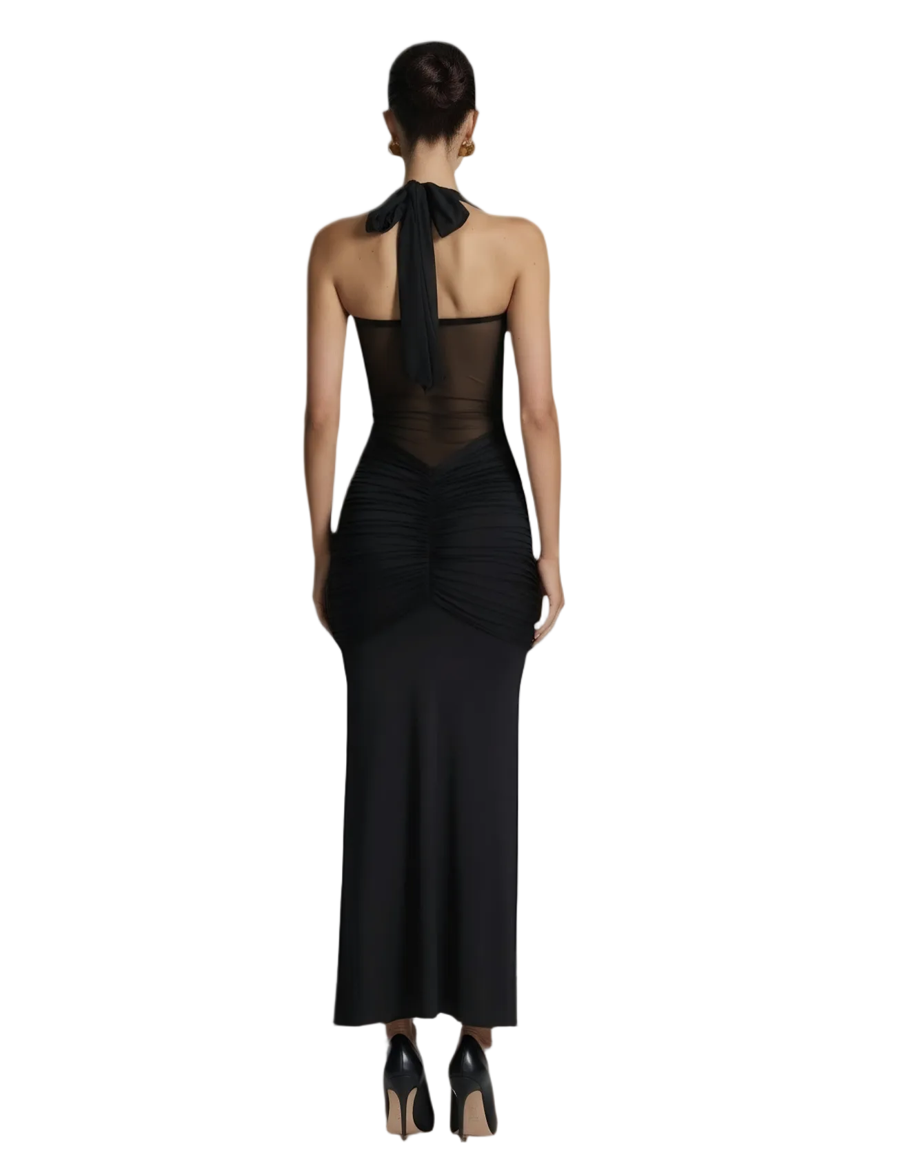 Women's Chic Ruched Mesh Patchwork Fashion Halter Neck Sexy Bodycon Dress
