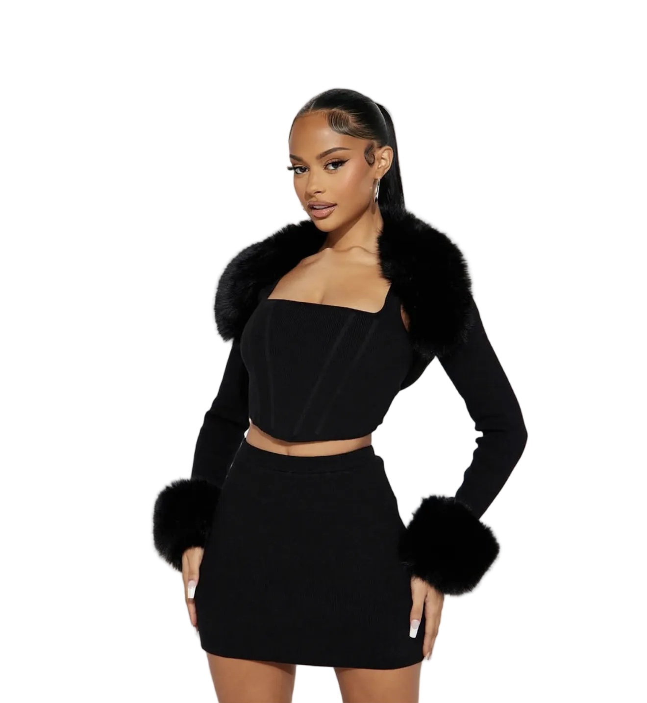 Women Furry Collar Patchwork Long-sleeved Camisole Top and Two-piece Skirt Set