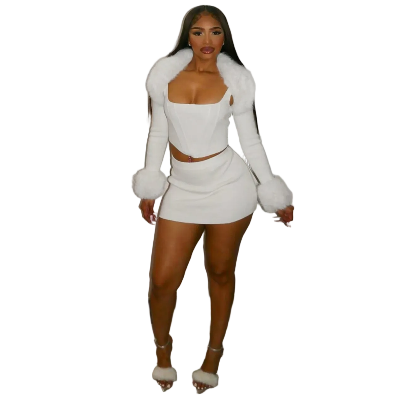 Women Furry Collar Patchwork Long-sleeved Camisole Top and Two-piece Skirt Set