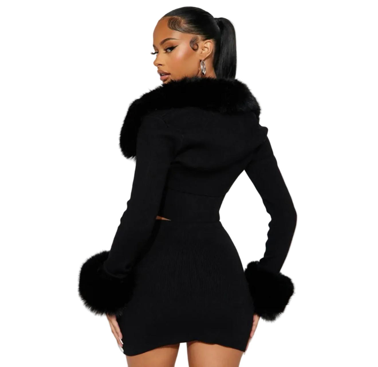 Women Furry Collar Patchwork Long-sleeved Camisole Top and Two-piece Skirt Set