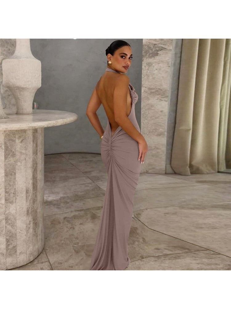 Halter Tie-wrap Backless Pleated Sleeveless Dress