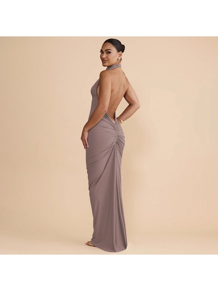 Halter Tie-wrap Backless Pleated Sleeveless Dress