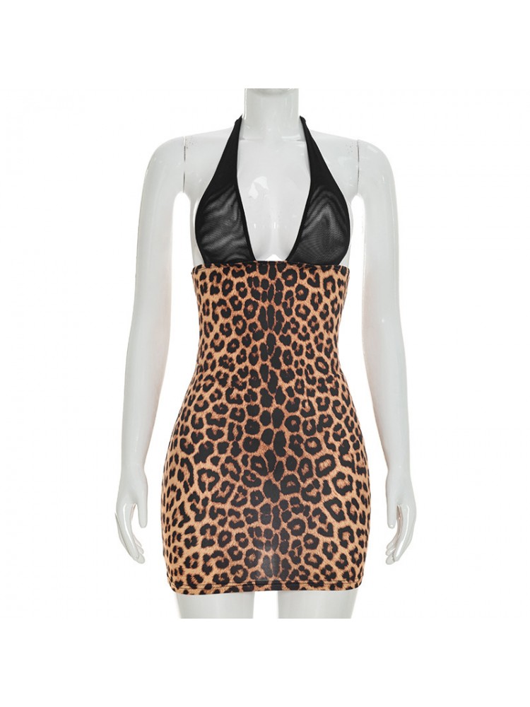 Leopard Halter Backless Lace-Up Mini Dress