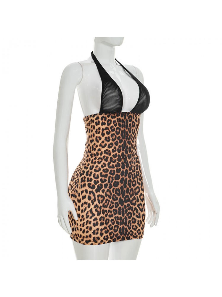 Leopard Halter Backless Lace-Up Mini Dress