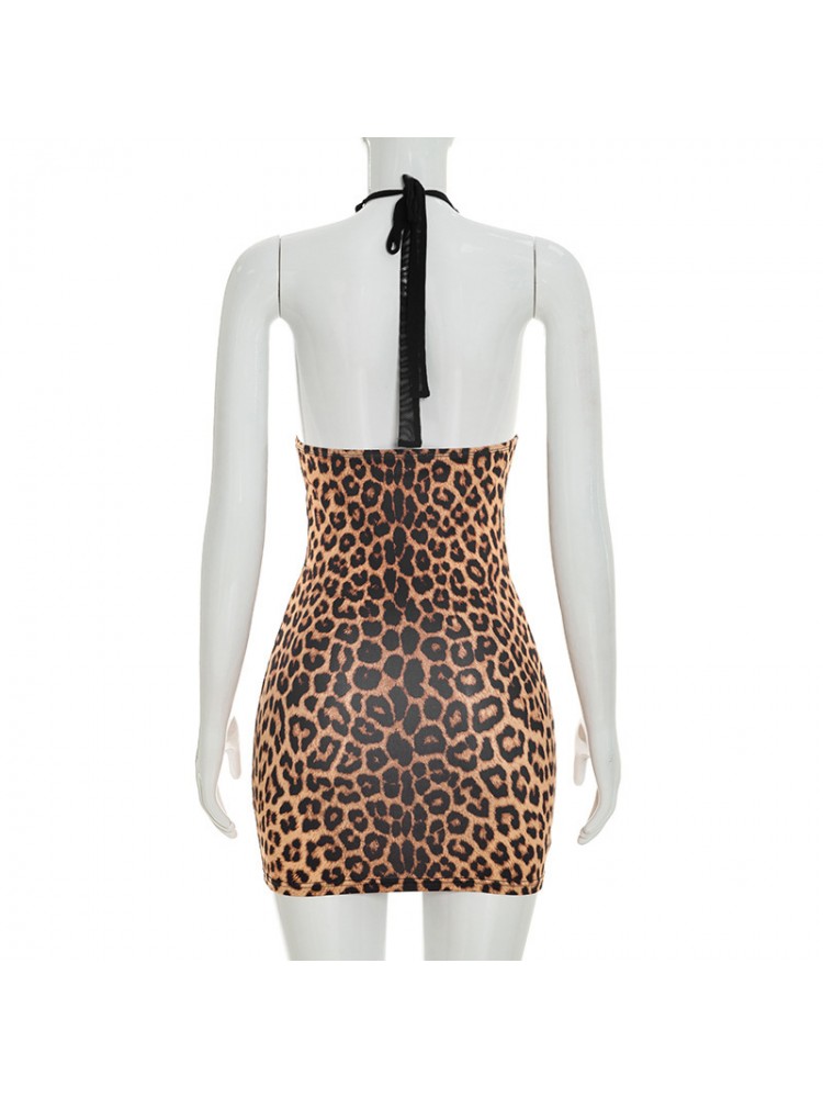 Leopard Halter Backless Lace-Up Mini Dress