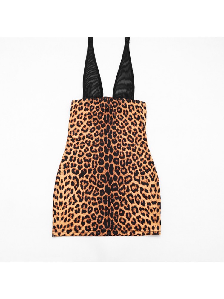 Leopard Halter Backless Lace-Up Mini Dress