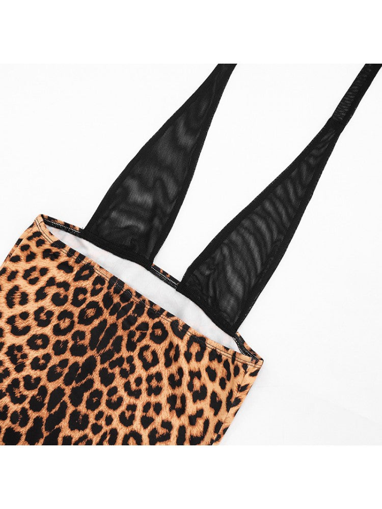 Leopard Halter Backless Lace-Up Mini Dress