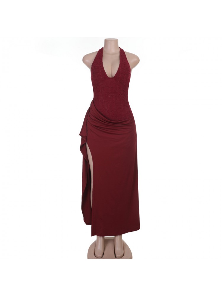Halter Side Slit Pleated Sleeveless Dress