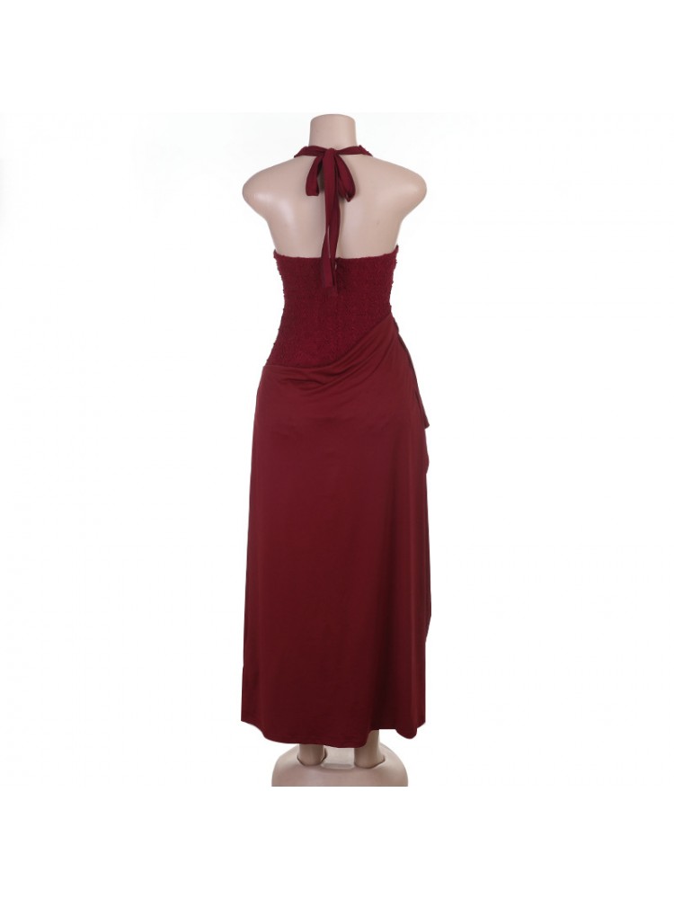 Halter Side Slit Pleated Sleeveless Dress