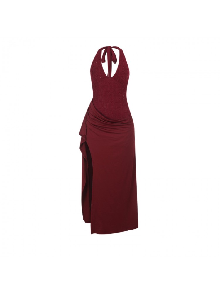 Halter Side Slit Pleated Sleeveless Dress