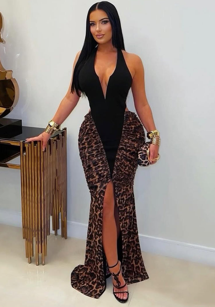 Women V-Neck Halter Neck Slit Patchwork Leopard Print Hollow-Out Dress - Infinite Luxe