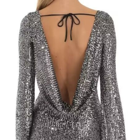 Women's Square Neck Long Sleeve Sequin Dress