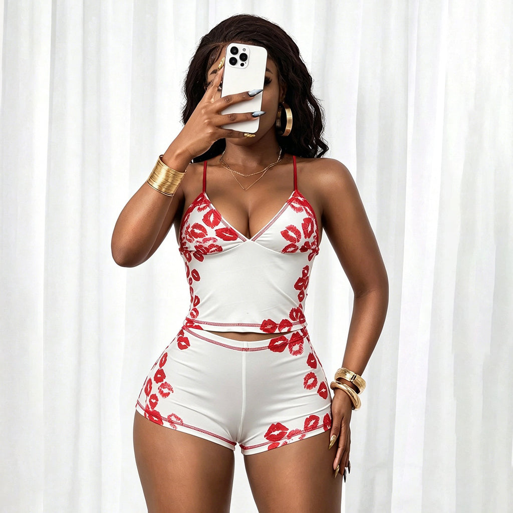 Women Summer Deep V Printed Camisole Vest Shorts Set