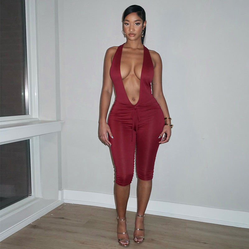 Women Summer Solid Elegant Sleeveless Deep V Halter Jumpsuit