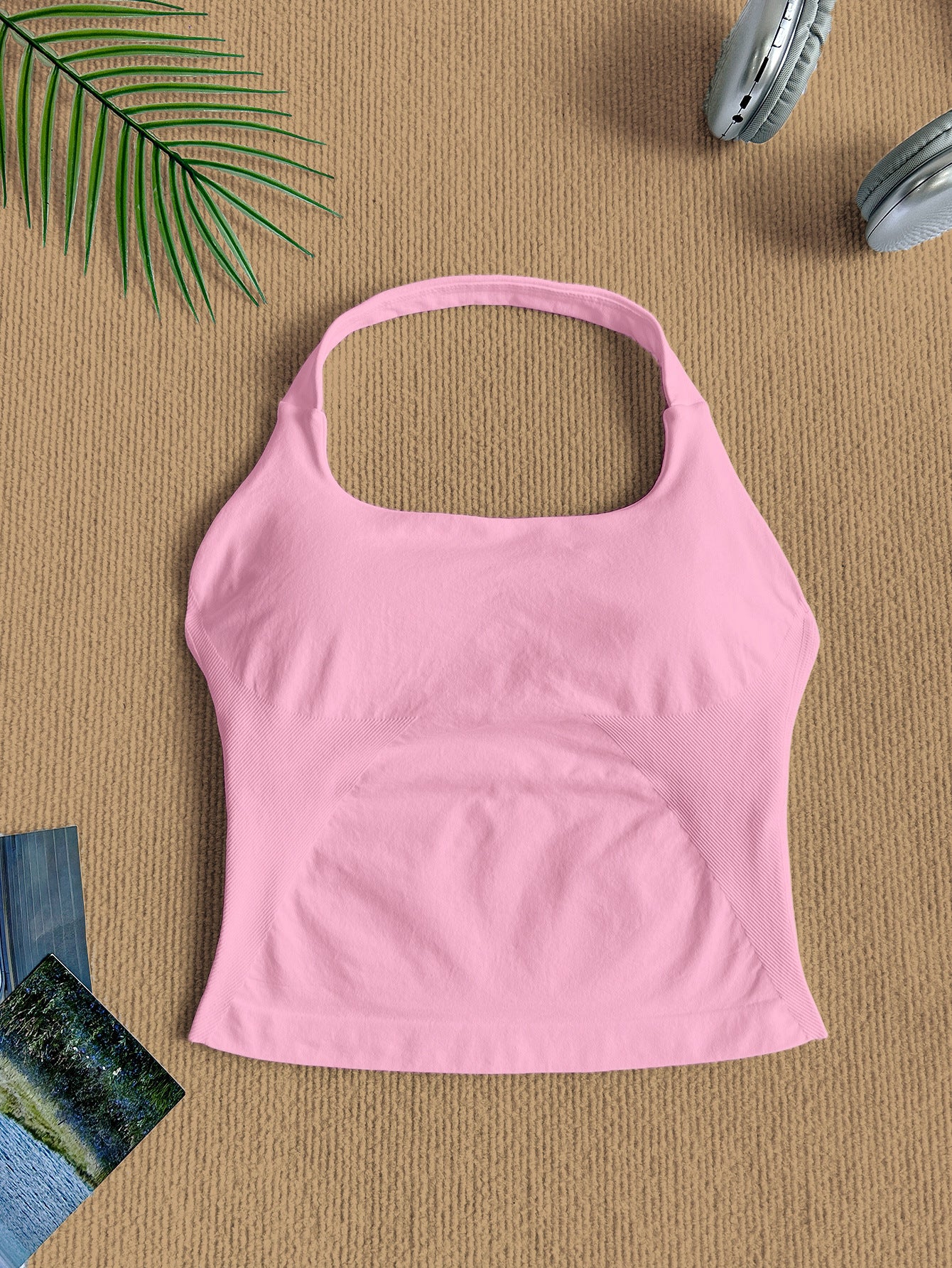 Women Square Neck Halter Neck Seamless Yoga Fitness Tank Top with Bra Pads