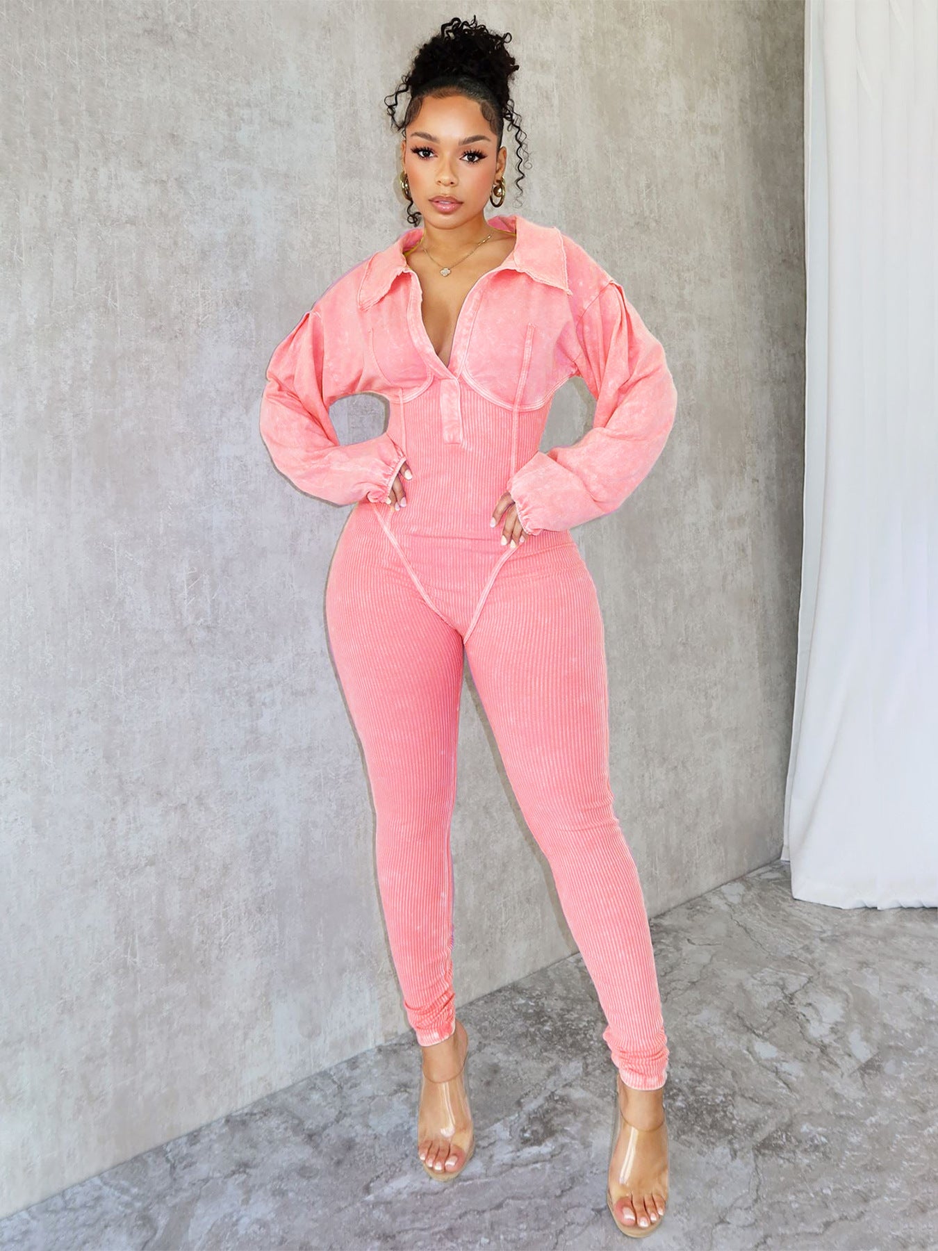 Autumn And Winter Fashion Women'S Sexy Deep V Tight Fitting Long Sleeve Jumpsuit