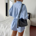 Casual Button-Up Long Sleeve Top And Shorts For Women