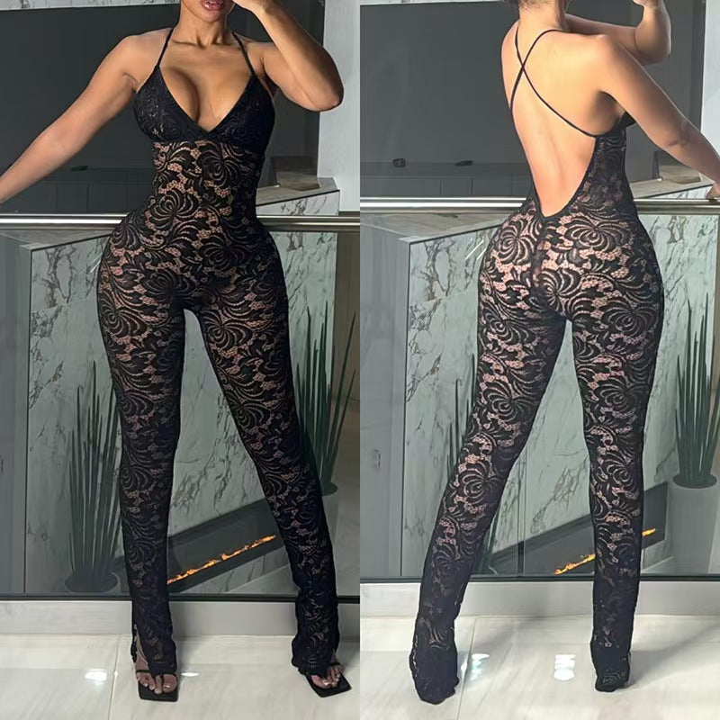 Women Summer Sexy V-Neck Backless Lace See-Through Jumpsuit