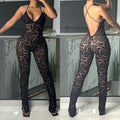 Women Summer Sexy V-Neck Backless Lace See-Through Jumpsuit