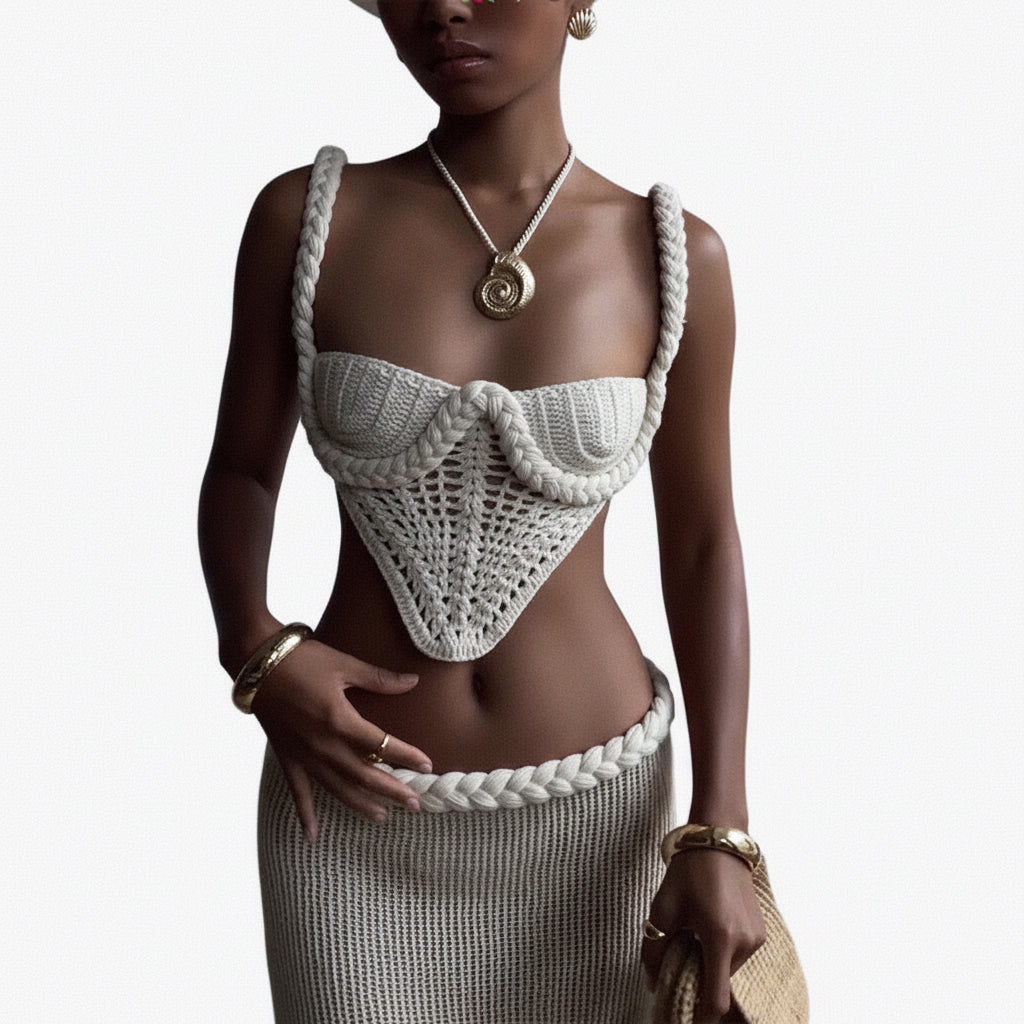 Y2K Crochet Knit 2 Piece Skirt Set Women's Square Collar Camisole Hip Skirt Hollow Out Strapless Tube Top Low Waist Bodycon Maxi Skirts Outfit