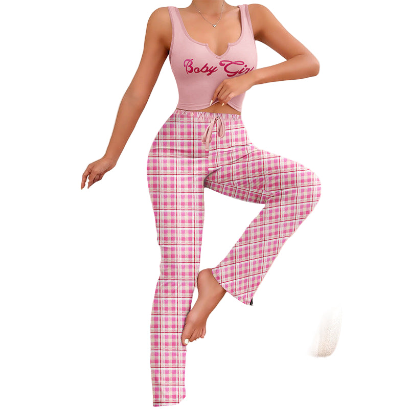 Women's Casual Pajama Set - Plaid Trousers & Letter Print Top