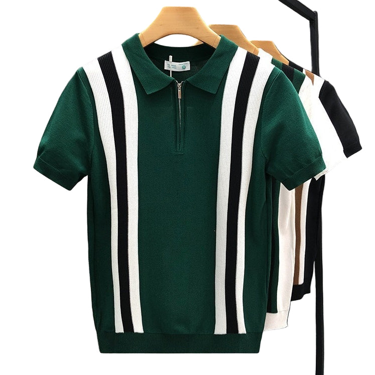 Contrast Color Lapels Half Zipper Knitted Short Sleeve