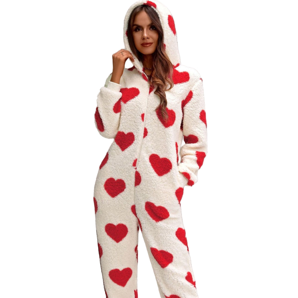 Polyester Women's Autumn And Winter Plush Heart Printing One-piece Pajamas