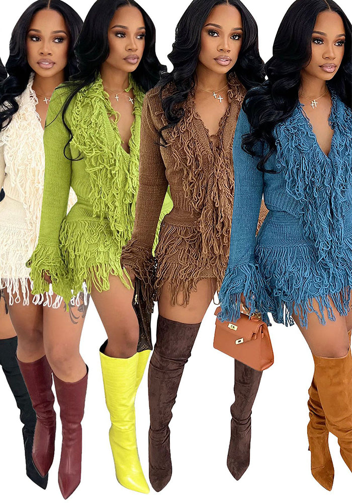 Autumn & Winter Knitted Crochet Fringe Lace-Up Long Sleeve Bodycon Skirt Set