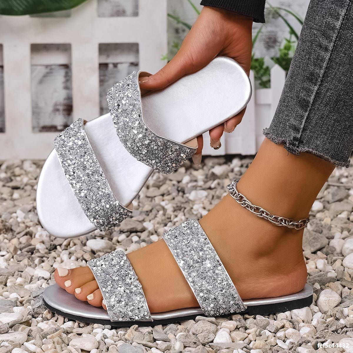 Plus Size Women Summer Rhinestone Casual Beach Slides