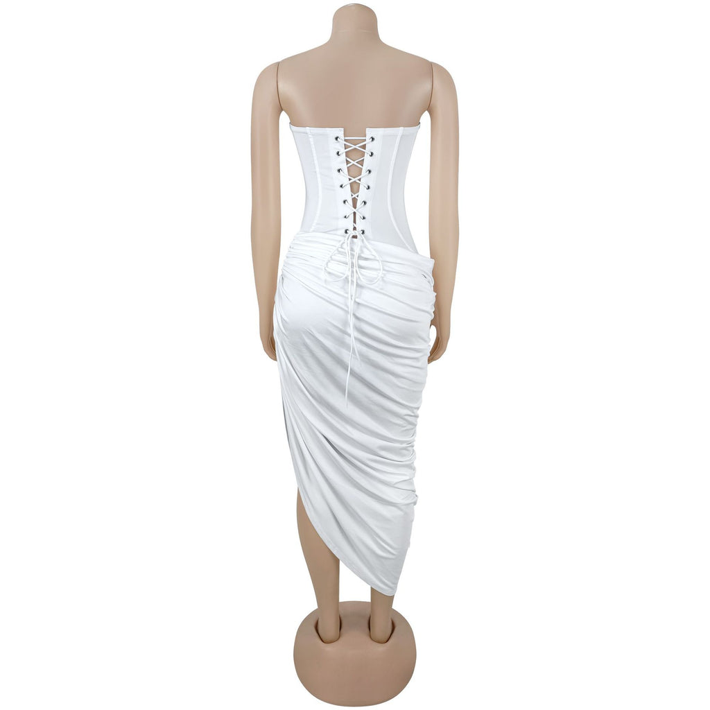 Women Sexy Off-Shoulder Strapless Pleated Bodycon Dress