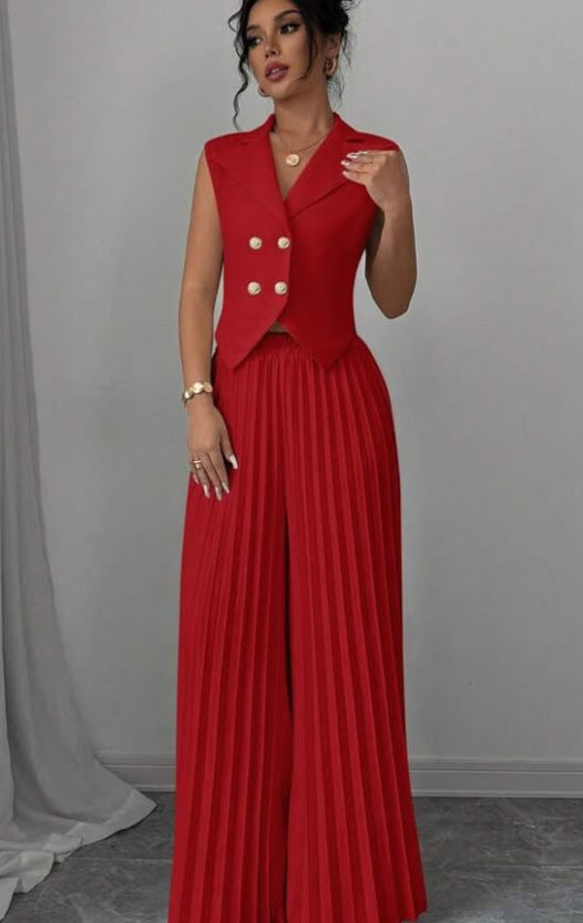 Women's Sleeveless Vest & Pleated Pants Suit Set - Fashion Two-Piece