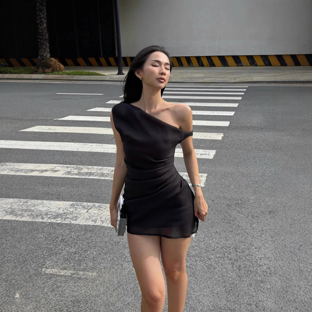 Fall New Sexy Pleated Off-the-shoulder Diagonal Collar Dress For Women