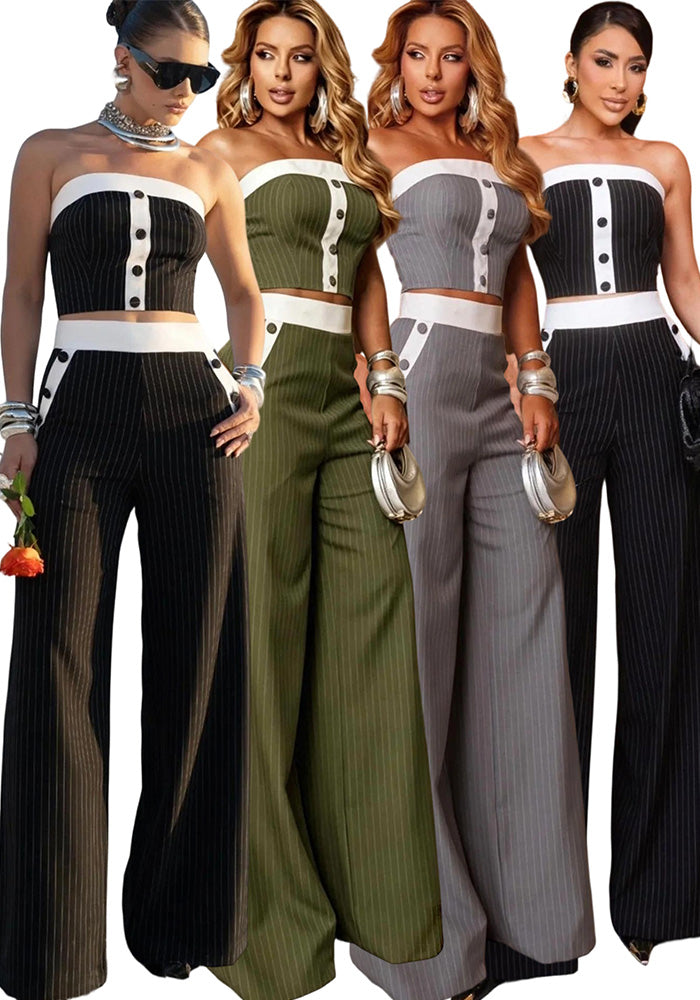 Summer Women Strapless Striped Pants Set Sexy Fashion Two-Piece Set