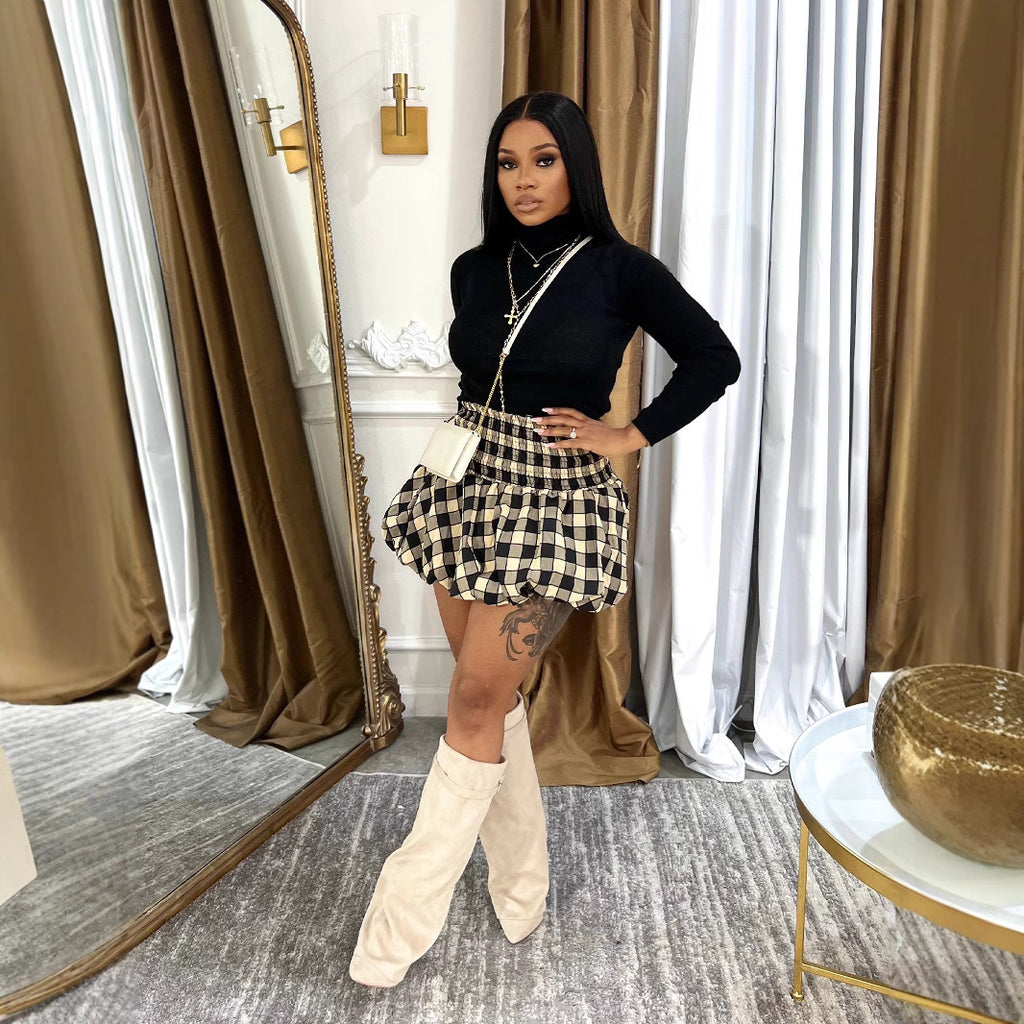 Women Classic Plaid Flower Bud Skirt