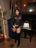 Women's Sexy Long-Sleeve Beaded Mesh Fashion Shorts Set