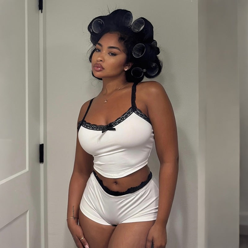 Women Summer Lace Camisole Top Low Waist Shorts Loungewear Set