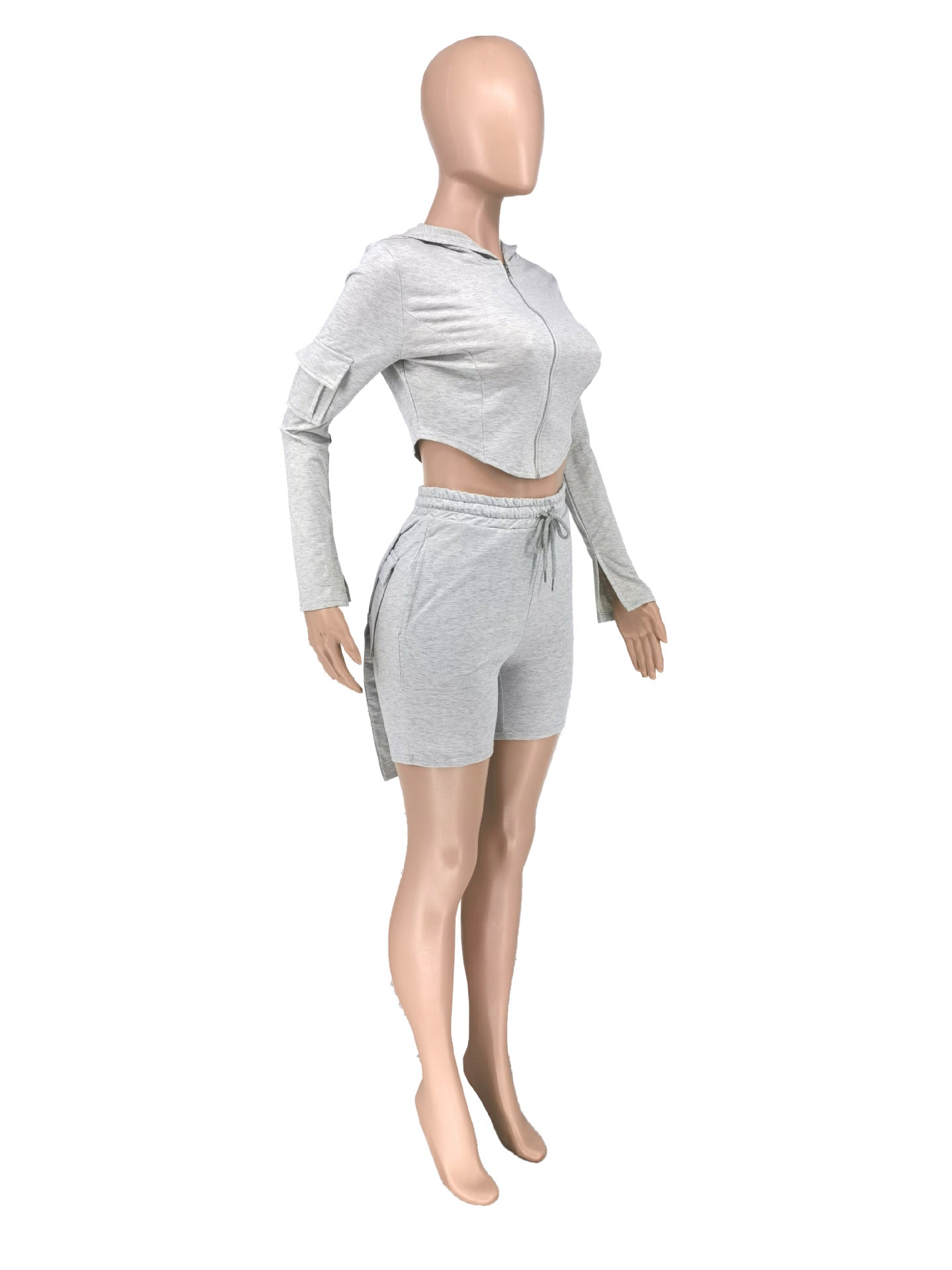 Women Casual Long Sleeve Top And Pocket Cargo Sports Shorts 2-Piece Set