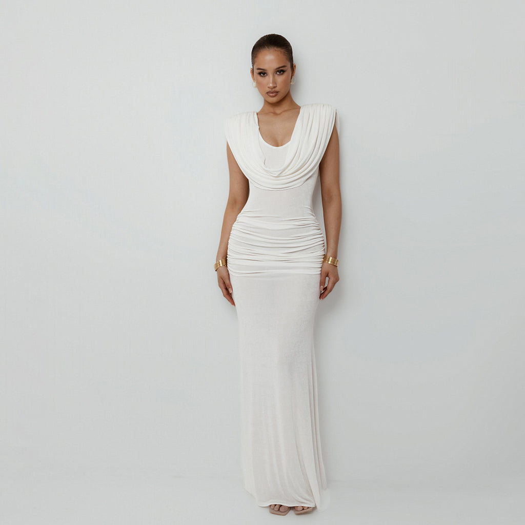 Autumn Women'S Solid Color Chic Elegant Slim Waist Pleated Cowl Neck Slim Fit Long Dress