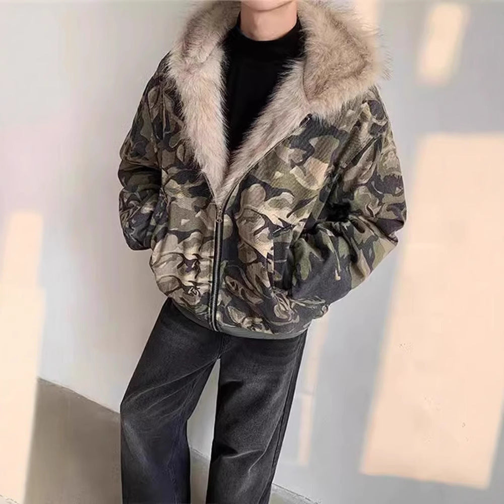 Men's Camo Fur Collar Hooded Jacket - Thickened Winter Coat