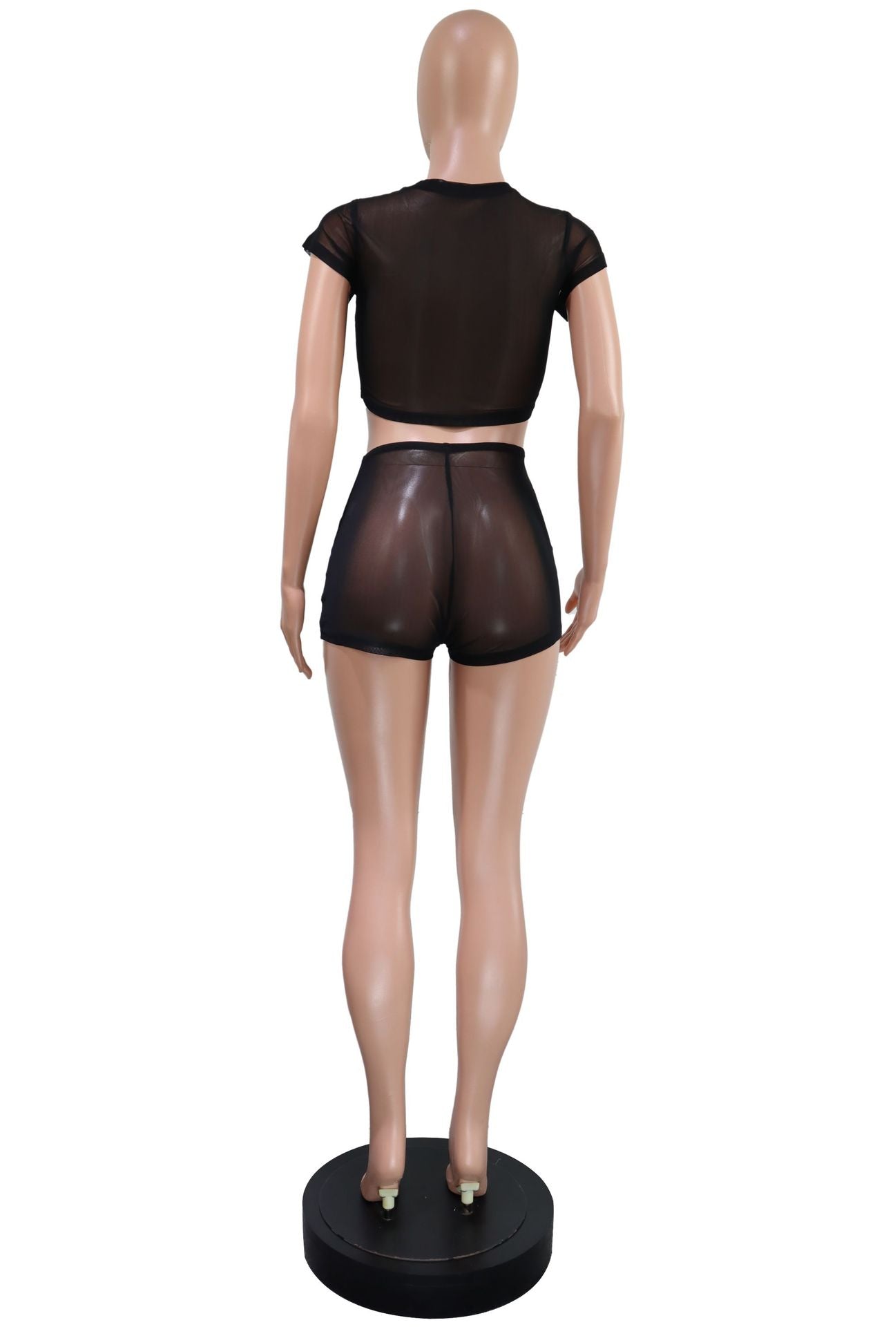 Women's Solid Short Sleeve Hollow Out Slim Fit Mesh Two-Piece Shorts Set