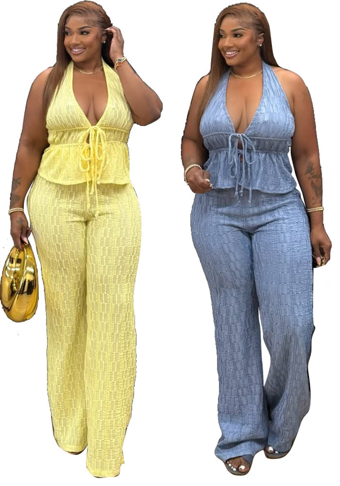 Women Casual Jacquard Sleeveless Slim Fit Pants Set - Infinite Luxe
