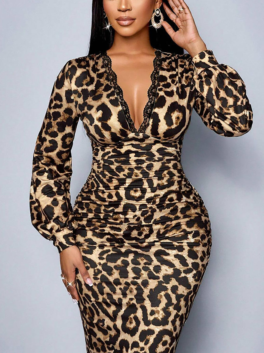 Women Leopard Print Long-Sleeve Slash V-Neck Dress