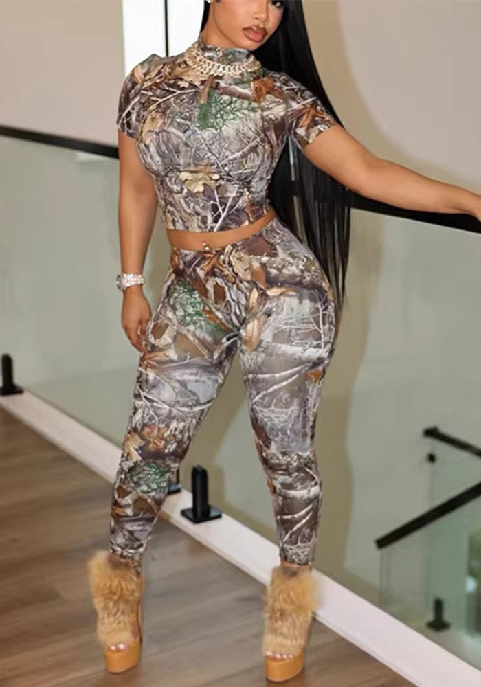 Women Sexy Leaf Print High Neck Short-Sleeve Top and Pants Two-Piece Set - Infinite Luxe