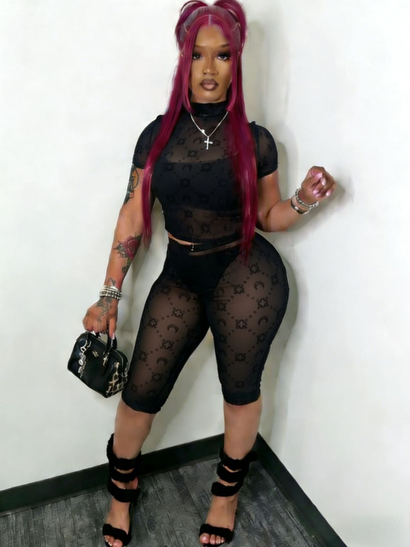 Women's Sexy Flocked Sheer Mesh Two-Piece Fashion Shorts Set