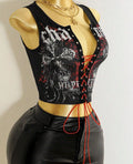 Women Sweet and Sexy Lace-Up Crop Top Printed Vest