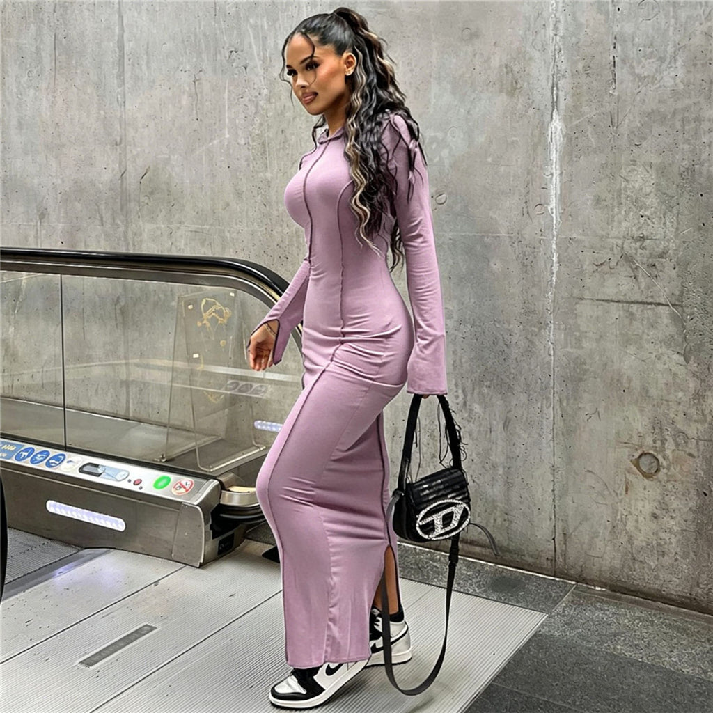 Women Casual Solid Hooded Slit Dress with Cuffs