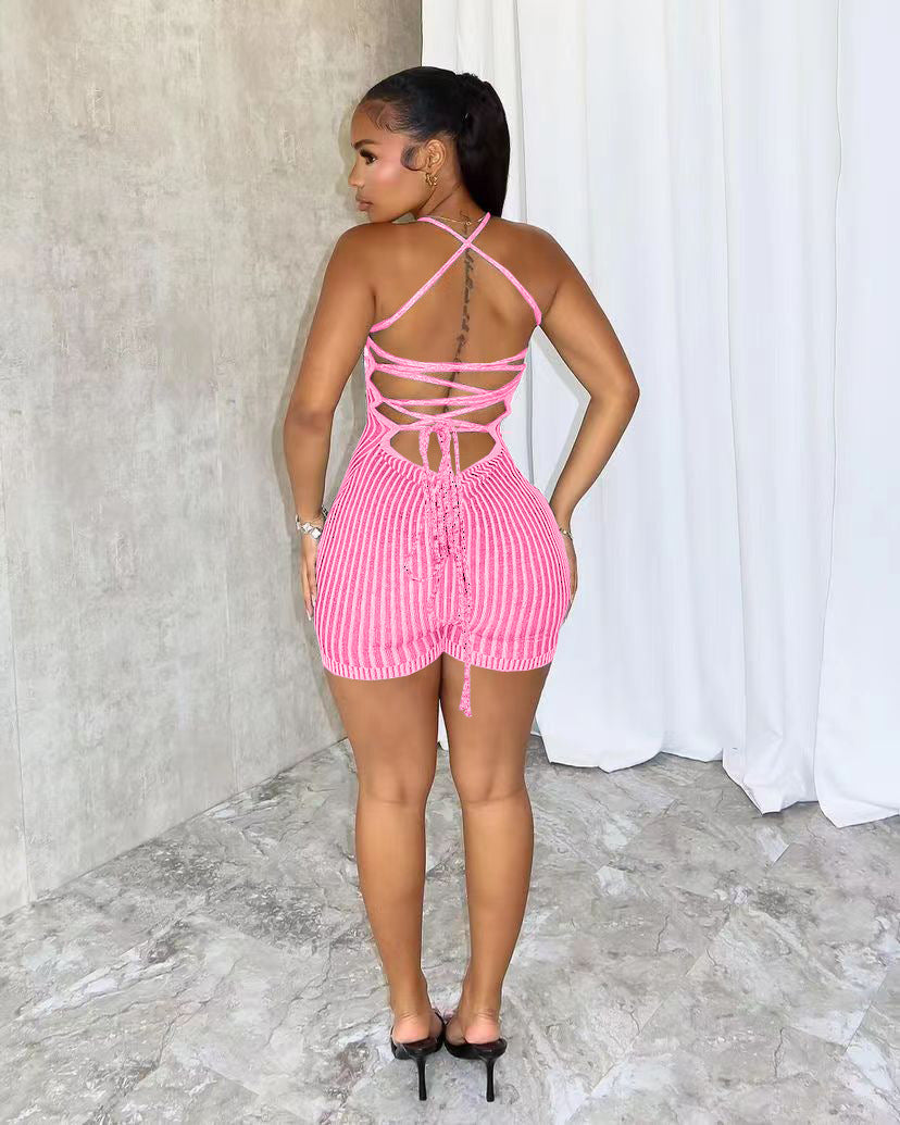 Women Casual Backless Lace-Up Knitting Jumpsuit